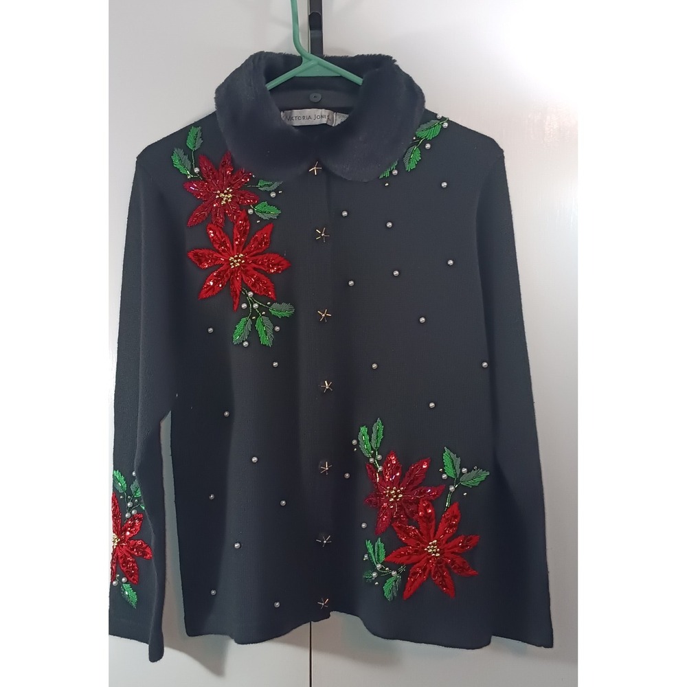Womens Cardigan S Ugly Christmas Sweater Beaded Sequin‎ Poinsettia 90s Vintage - Picture 2 of 10
